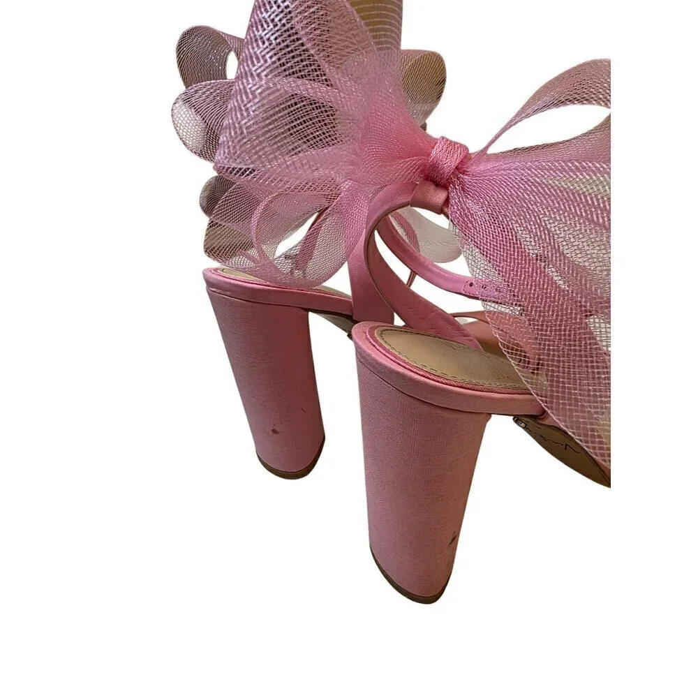 Pink Heeled Sandals With Large Tulle Bow Accent & Adjustable‎ Ankle Strap - Picture 5 of 16